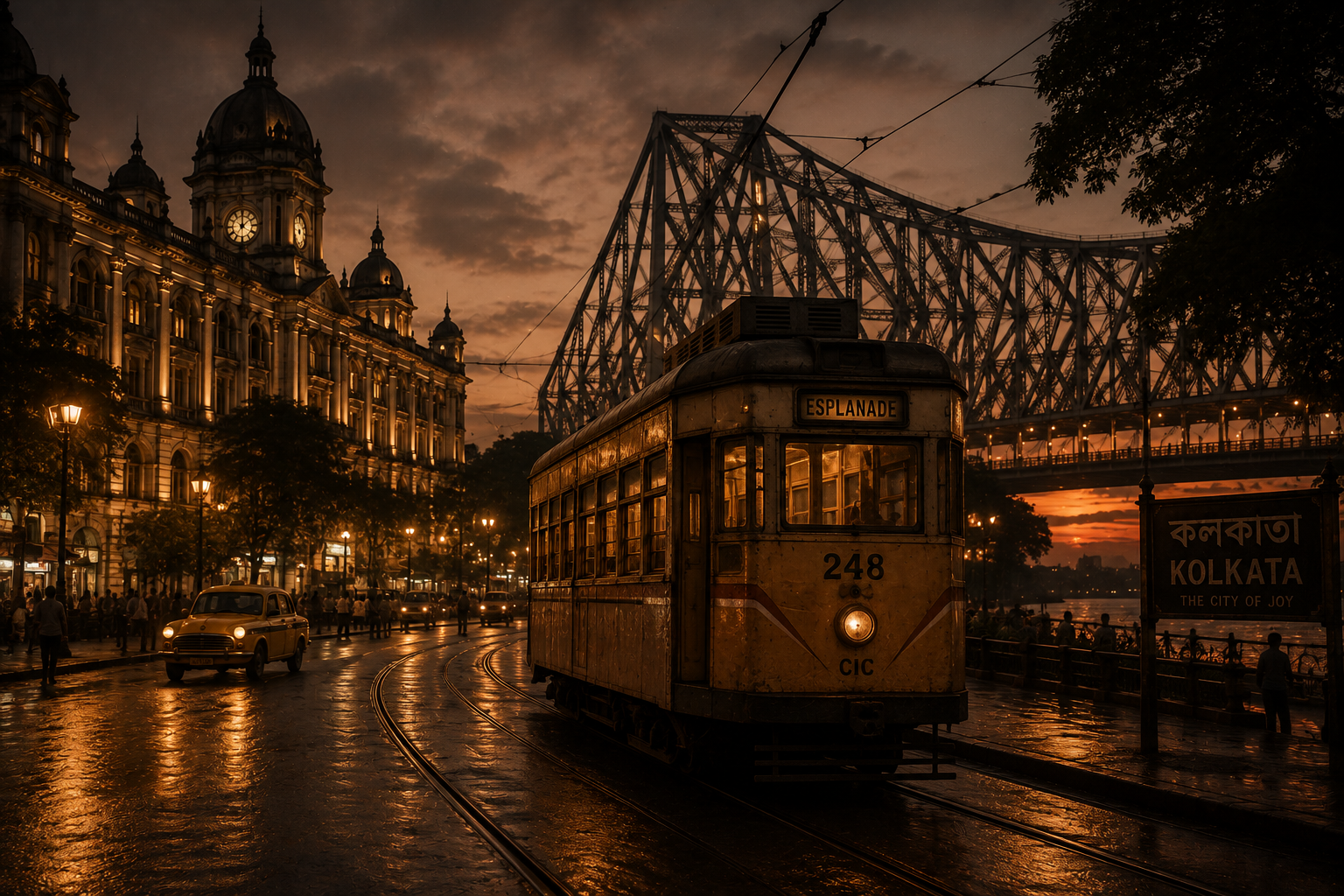 Kolkata heritage — iconic yellow tram passing Howrah Bridge at dusk