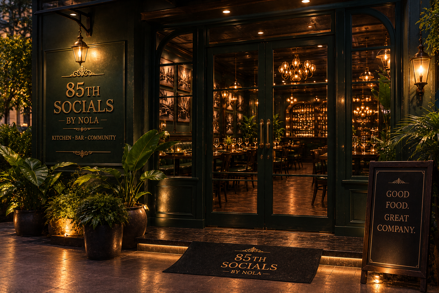 85th Socials by Nola storefront at night — glass doors, warm interior glow, tropical plants
