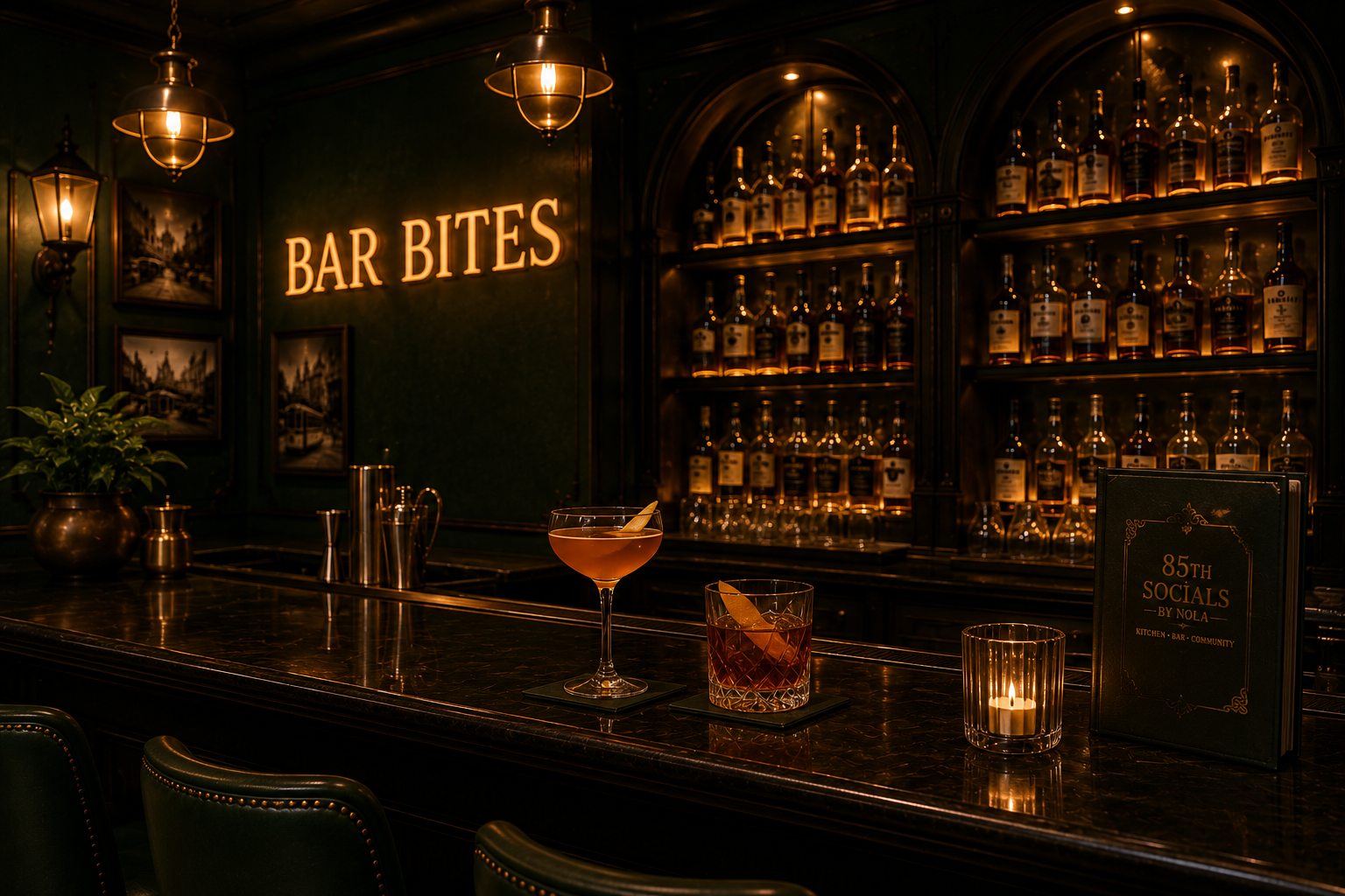 Craft cocktails on dark marble bar with backlit shelves
