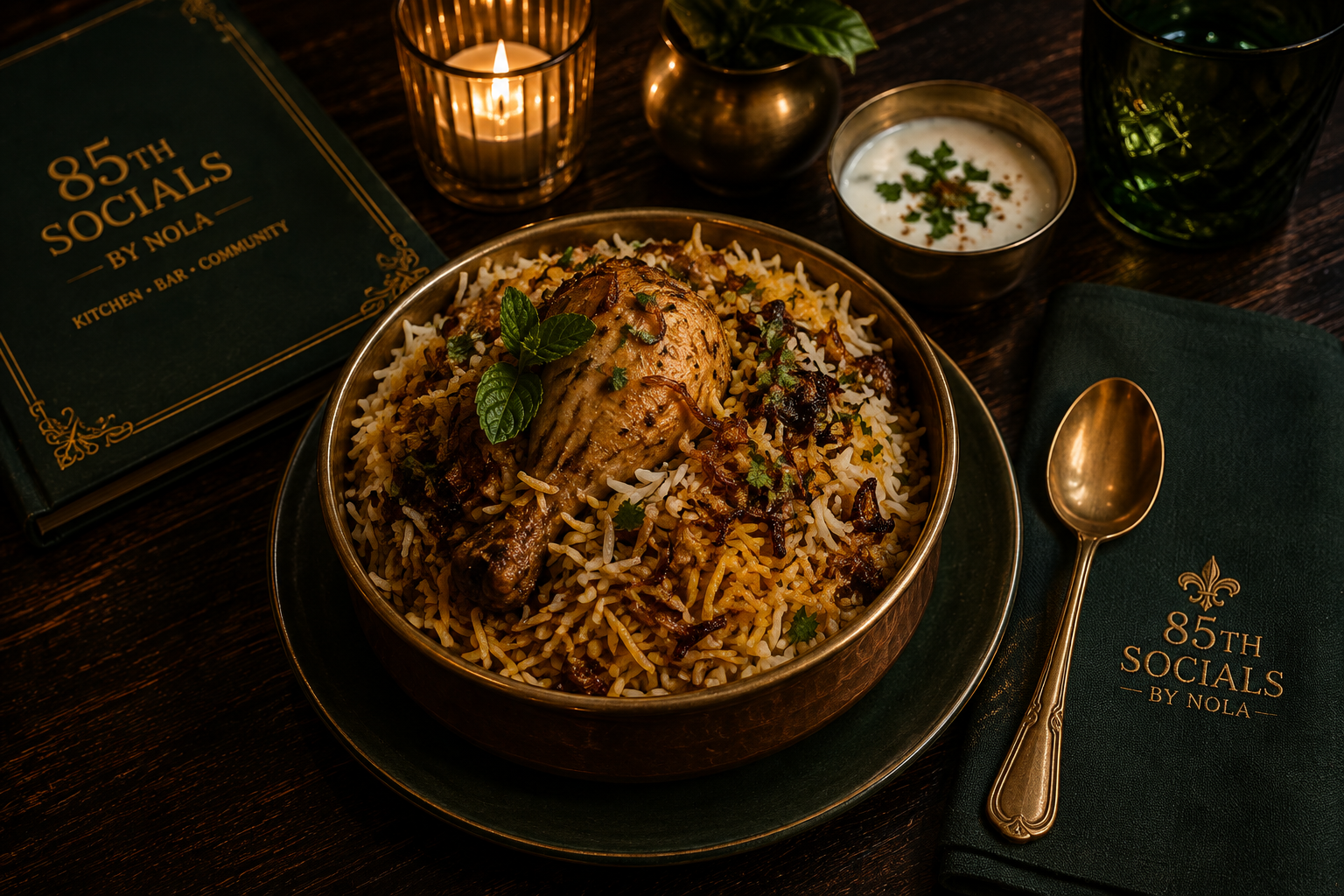 Kolkata-style chicken biryani served in a brass handi with saffron rice and raita